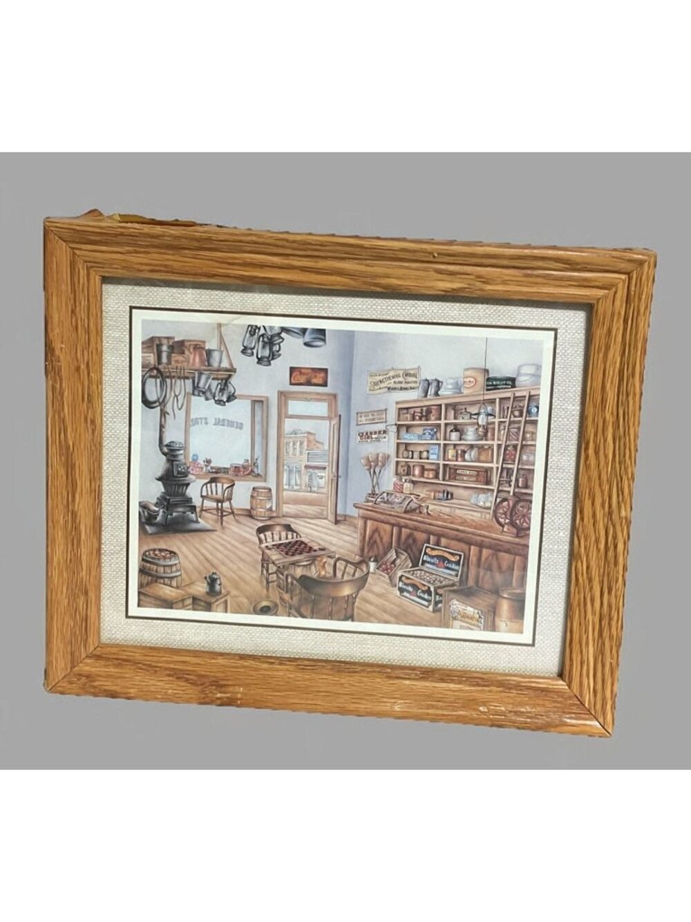 Vintage General Store Print Framed In Oak Wood With Textured Matting